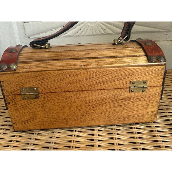 Vintage 50's Mr R Wood Leather Box Purse Treasure Chest - Picture 7 of 16